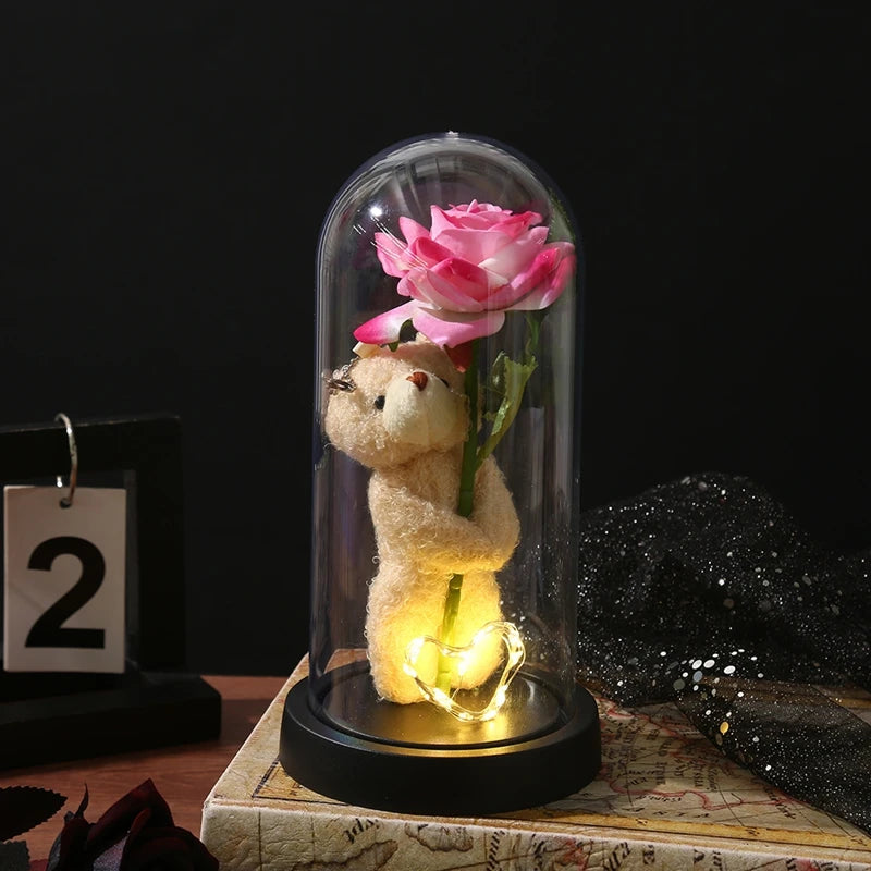 Artificial Rose Flowers Eternal Rose LED Light Foil Flower in Glass Cover Simulation Rose Flower Wedding Mother's Day Gifts