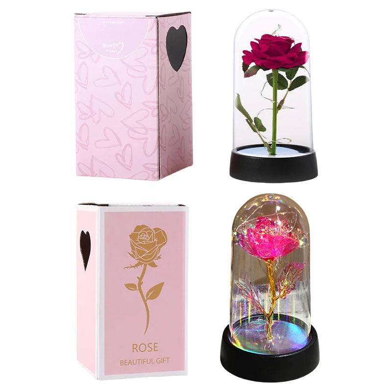 Artificial Rose Flowers Eternal Rose LED Light Foil Flower in Glass Cover Simulation Rose Flower Wedding Mother's Day Gifts