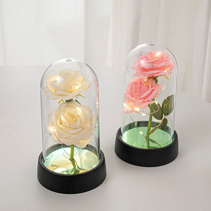 Artificial Rose Flowers Eternal Rose LED Light Foil Flower in Glass Cover Simulation Rose Flower Wedding Mother's Day Gifts