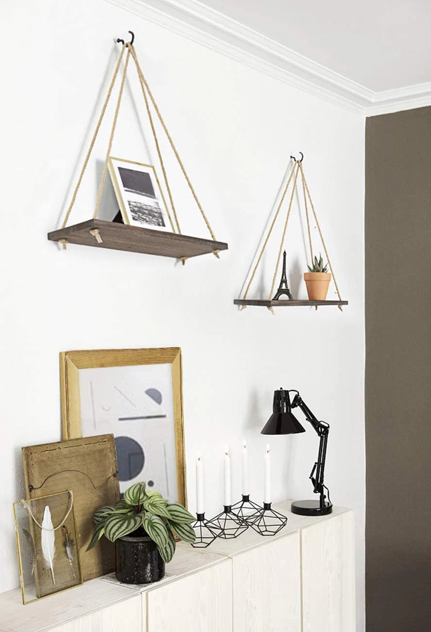 1PC Hanging Shelves for Wall Floating Shelves, Macrame Rope Triangle Shelf, Natural Light Reclaimed Wood, Farmho