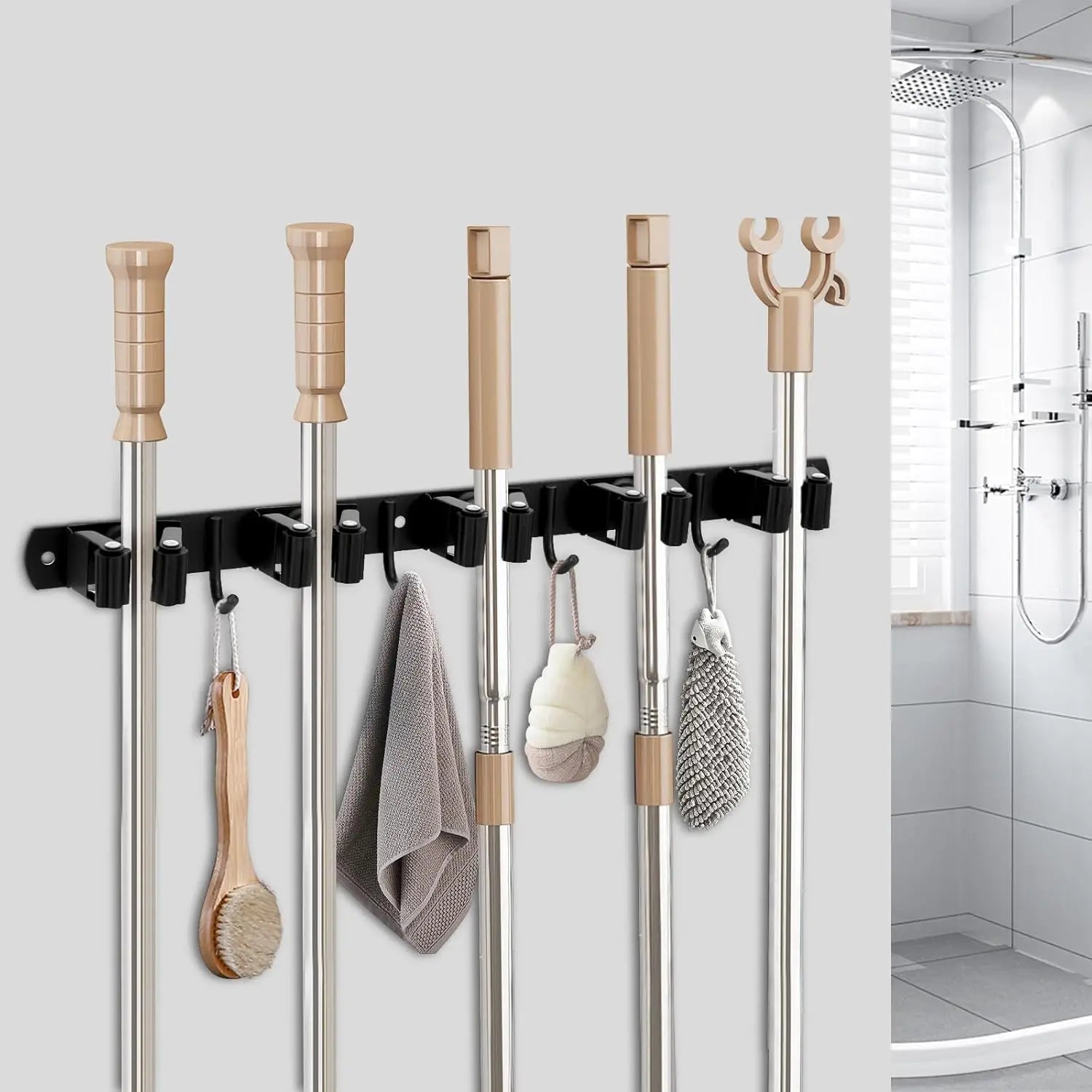 Wall Mount Broom Holder Stainless Steel 5 Racks With 4 Hooks Mop Broom Organizer Heavy Duty Laundry Room Garage Storage Hanger
