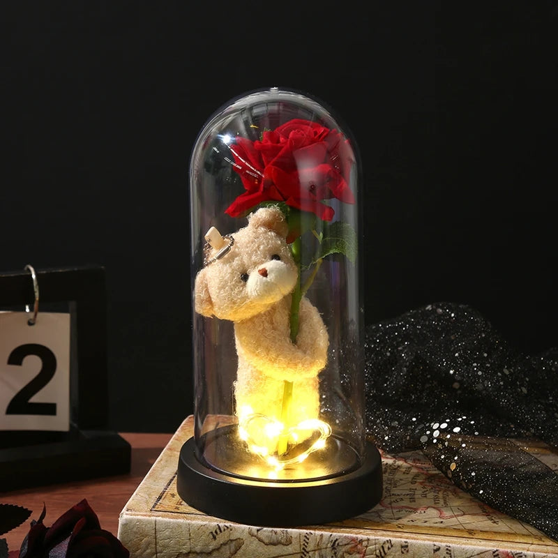 Artificial Rose Flowers Eternal Rose LED Light Foil Flower in Glass Cover Simulation Rose Flower Wedding Mother's Day Gifts
