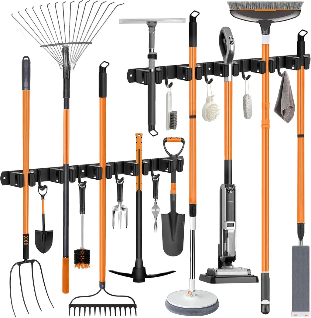 Wall Mount Broom Holder Stainless Steel 5 Racks With 4 Hooks Mop Broom Organizer Heavy Duty Laundry Room Garage Storage Hanger