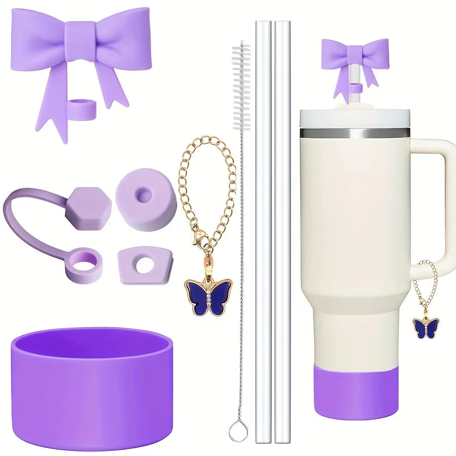 9pcs Accessories for Stanley 40oz Tumbler Cup Spill Proof Stopper 10mm Straw Cover Cap Silicone Boot Charm Chain Straw and Brush