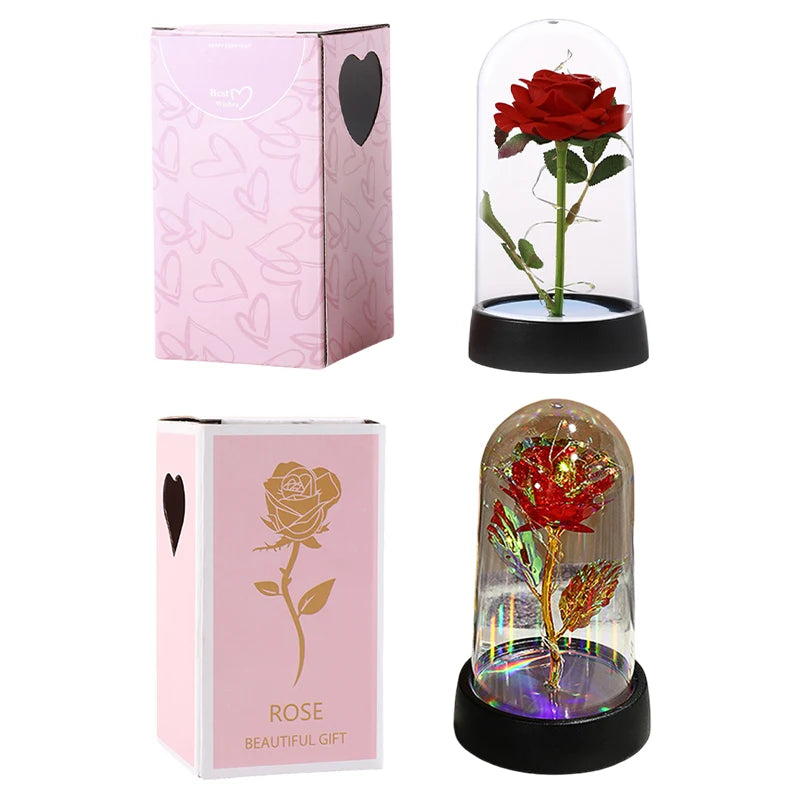 Artificial Rose Flowers Eternal Rose LED Light Foil Flower in Glass Cover Simulation Rose Flower Wedding Mother's Day Gifts