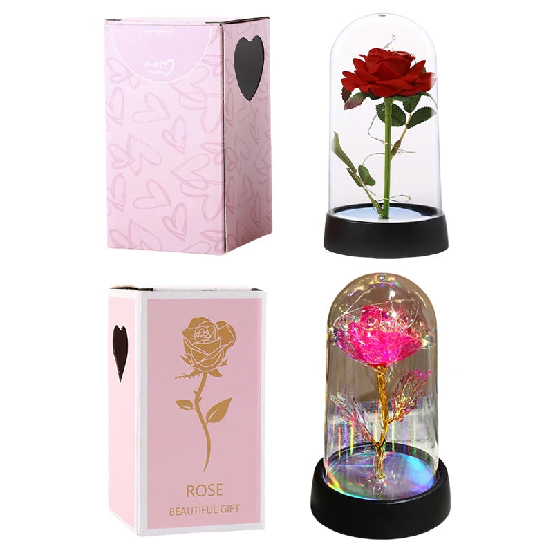 Artificial Rose Flowers Eternal Rose LED Light Foil Flower in Glass Cover Simulation Rose Flower Wedding Mother's Day Gifts