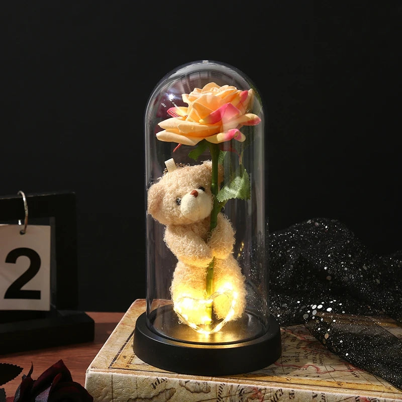 Artificial Rose Flowers Eternal Rose LED Light Foil Flower in Glass Cover Simulation Rose Flower Wedding Mother's Day Gifts