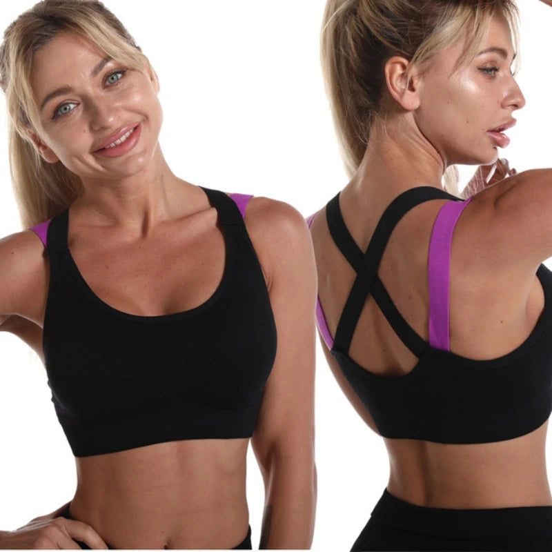 Color Blocked Cross Beautiful back Sports Bra Without Steel Ring Yoga Vest Professional Shock Resistant Running Fitness Bralette