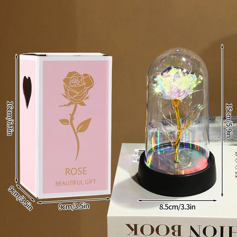 Artificial Rose Flowers Eternal Rose LED Light Foil Flower in Glass Cover Simulation Rose Flower Wedding Mother's Day Gifts