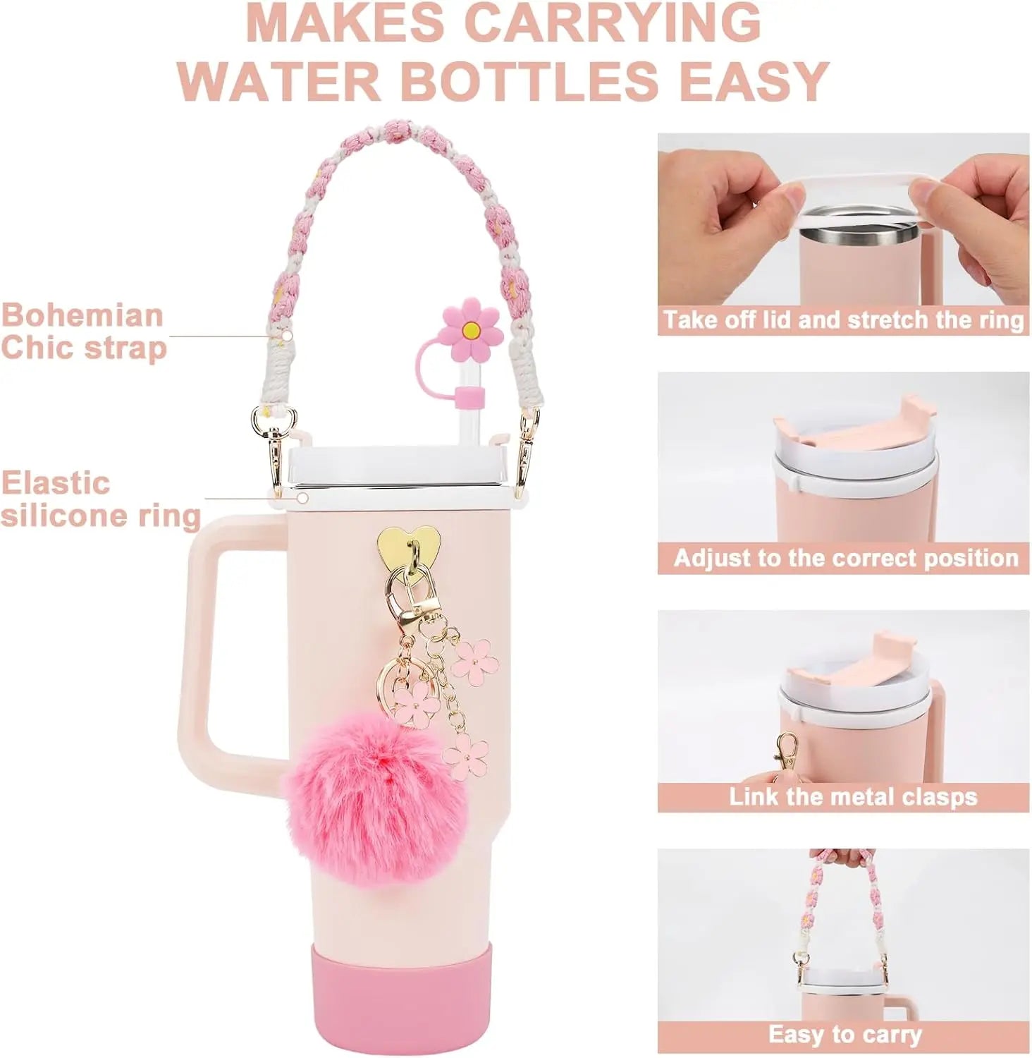 7pcs Cup Accessories Set for Stanley Including Handle Strap, Siliocne Cup Boot Straw Cover Charms for 40oz & 30oz Tumbler