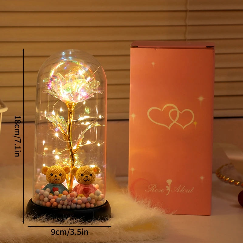 Artificial Rose Flowers Eternal Rose LED Light Foil Flower in Glass Cover Simulation Rose Flower Wedding Mother's Day Gifts