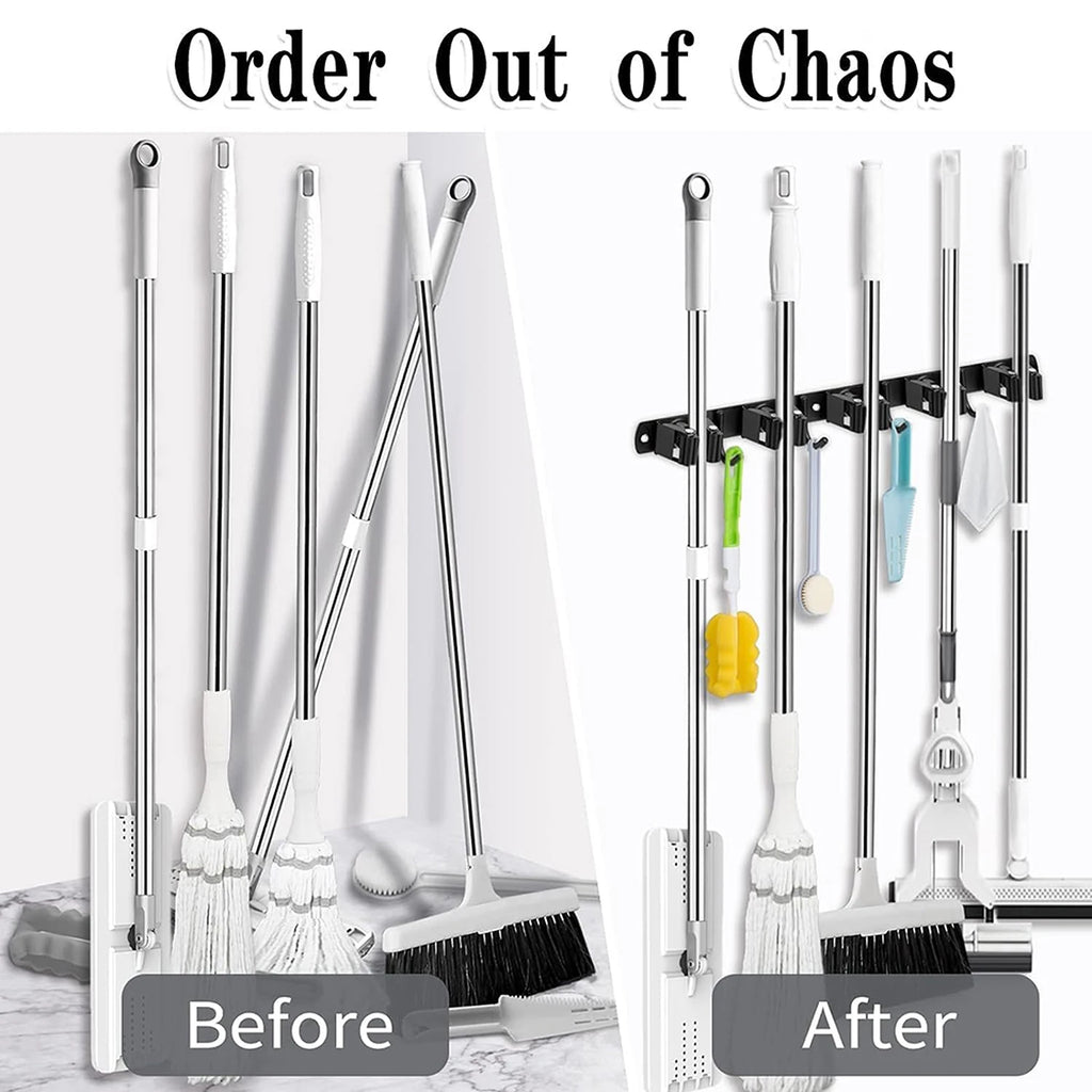 Wall Mount Broom Holder Stainless Steel 5 Racks With 4 Hooks Mop Broom Organizer Heavy Duty Laundry Room Garage Storage Hanger