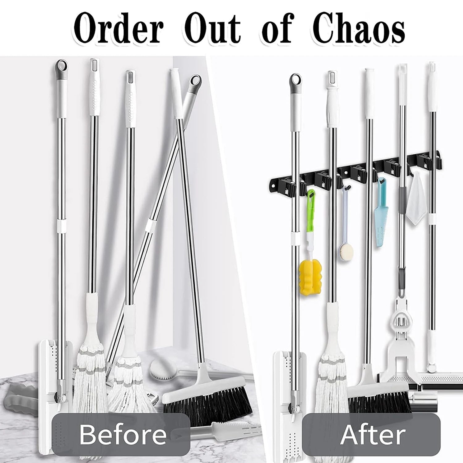 Wall Mount Broom Holder Stainless Steel 5 Racks With 4 Hooks Mop Broom Organizer Heavy Duty Laundry Room Garage Storage Hanger