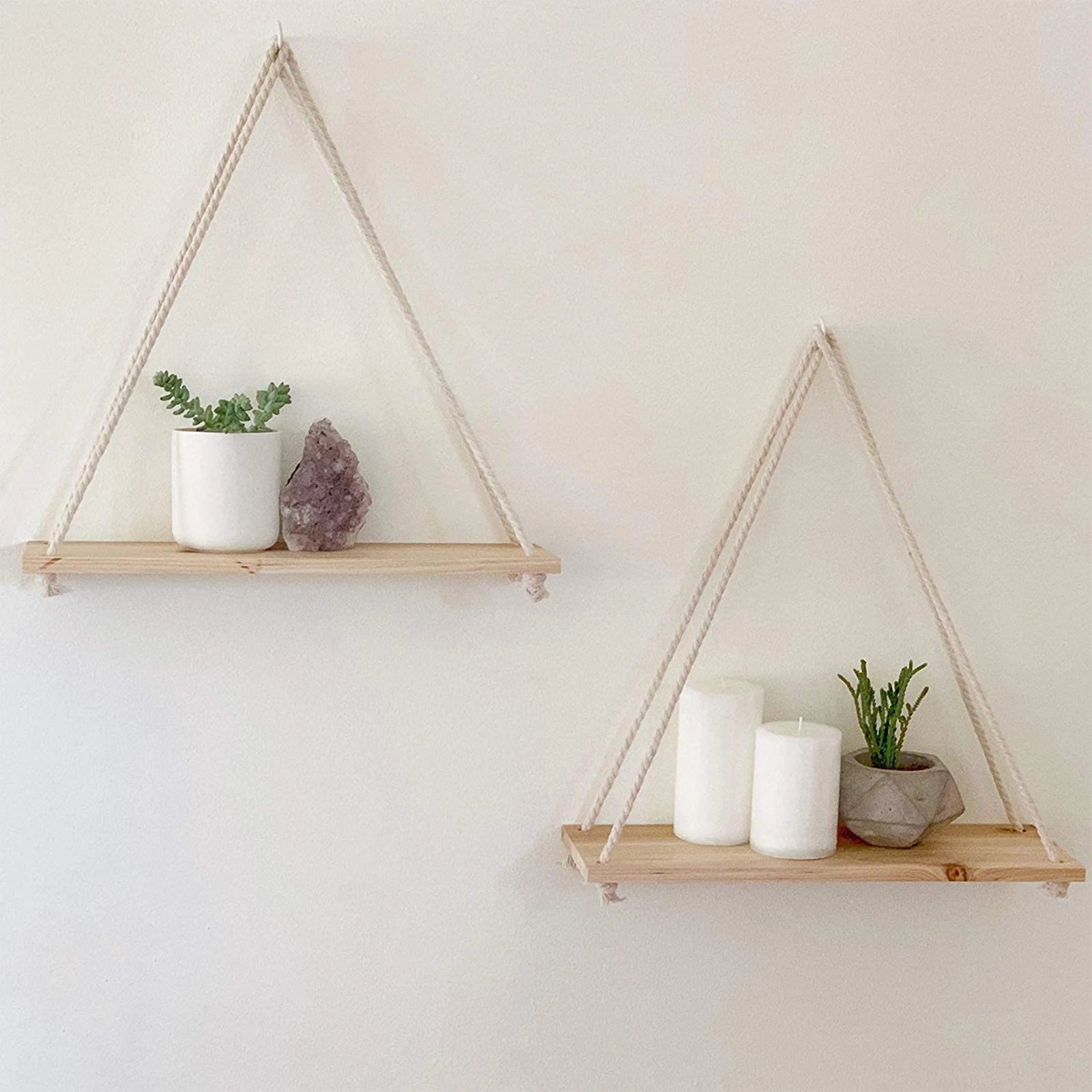 1PC Hanging Shelves for Wall Floating Shelves, Macrame Rope Triangle Shelf, Natural Light Reclaimed Wood, Farmho