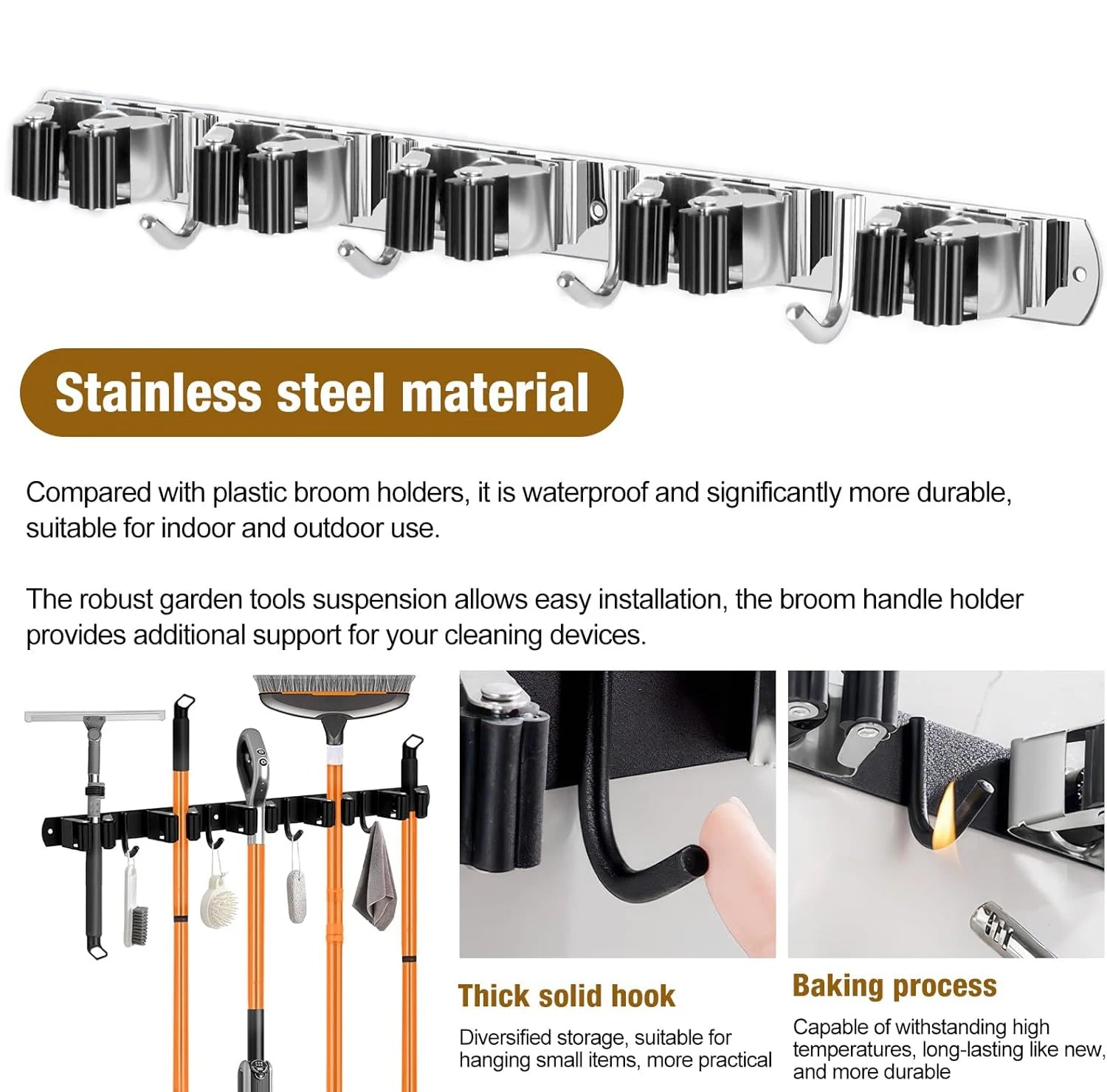 Wall Mount Broom Holder Stainless Steel 5 Racks With 4 Hooks Mop Broom Organizer Heavy Duty Laundry Room Garage Storage Hanger