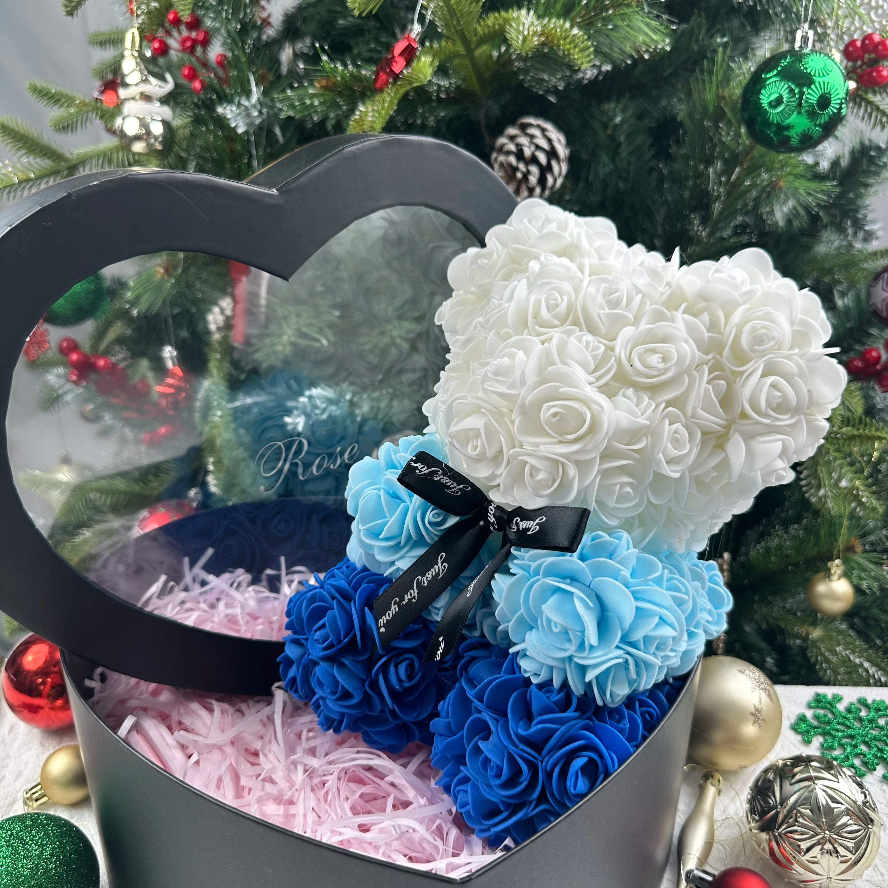 25cm Artificial Teddy Rose Flower Bear with Box Romantic Valentines Day Gift Girlfriend Women Anniversary Wedding Party Supplies