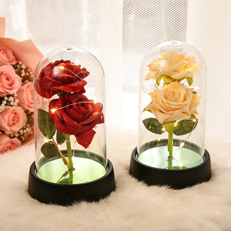 Artificial Rose Flowers Eternal Rose LED Light Foil Flower in Glass Cover Simulation Rose Flower Wedding Mother's Day Gifts