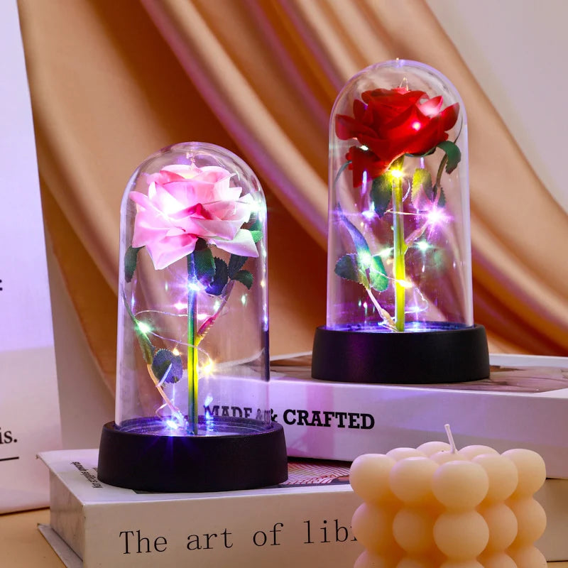 Artificial Rose Flowers Eternal Rose LED Light Foil Flower in Glass Cover Simulation Rose Flower Wedding Mother's Day Gifts