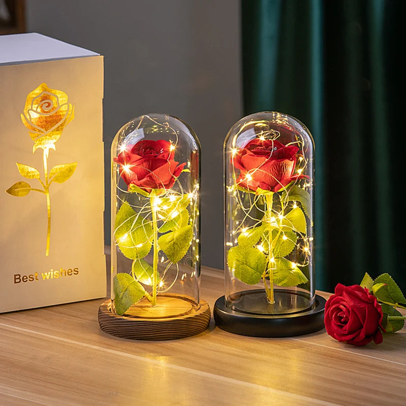 Artificial Rose Flowers Eternal Rose LED Light Foil Flower in Glass Cover Simulation Rose Flower Wedding Mother's Day Gifts