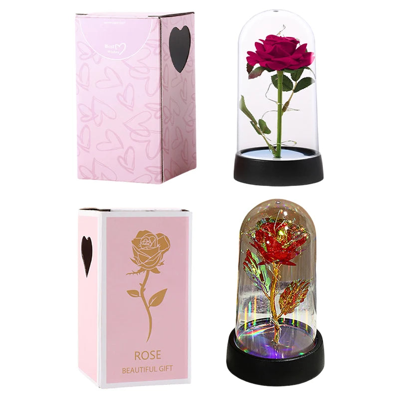 Artificial Rose Flowers Eternal Rose LED Light Foil Flower in Glass Cover Simulation Rose Flower Wedding Mother's Day Gifts