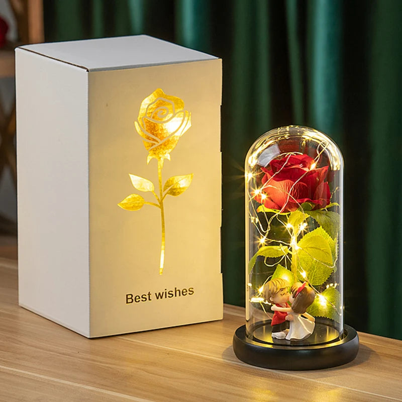 Artificial Rose Flowers Eternal Rose LED Light Foil Flower in Glass Cover Simulation Rose Flower Wedding Mother's Day Gifts