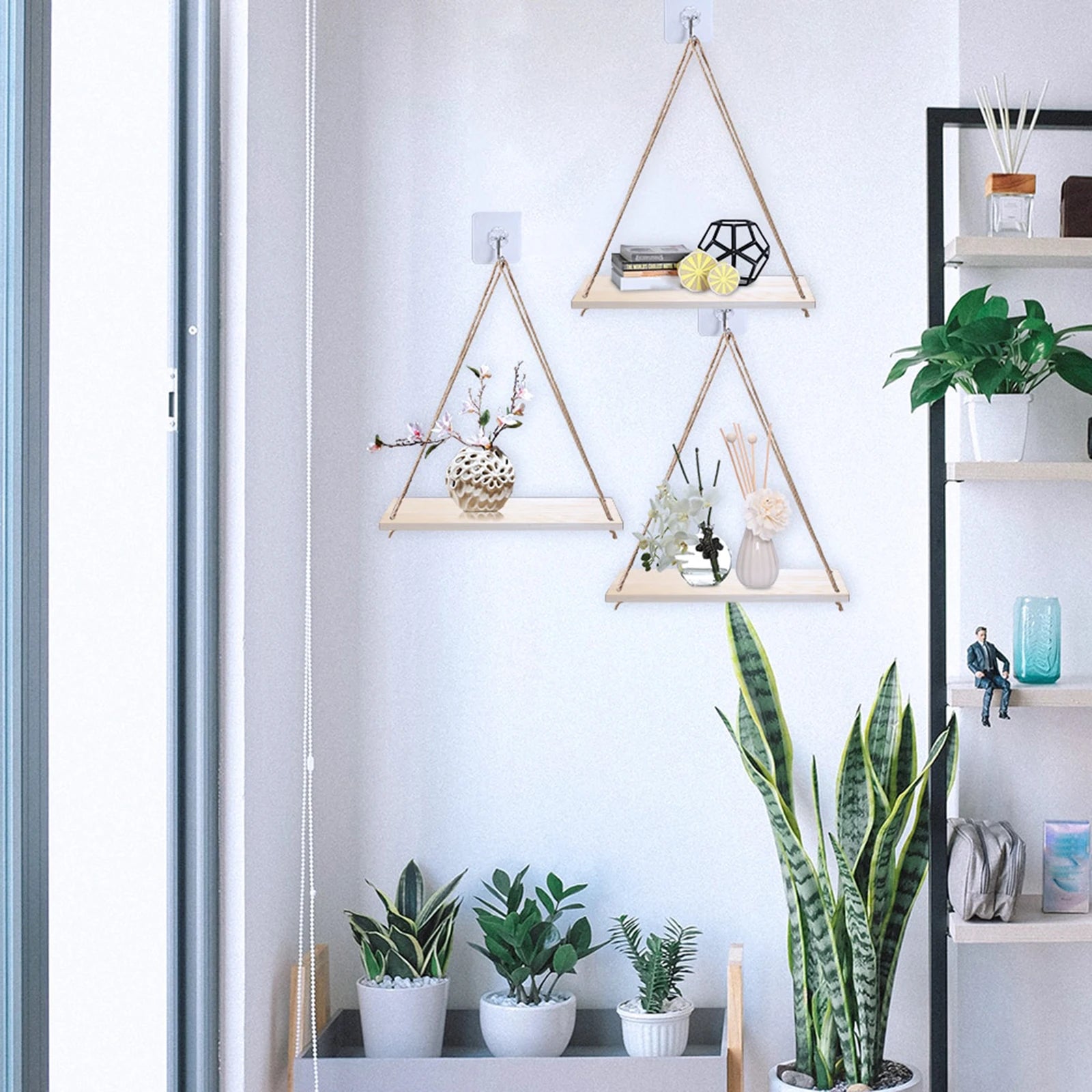 1PC Hanging Shelves for Wall Floating Shelves, Macrame Rope Triangle Shelf, Natural Light Reclaimed Wood, Farmho
