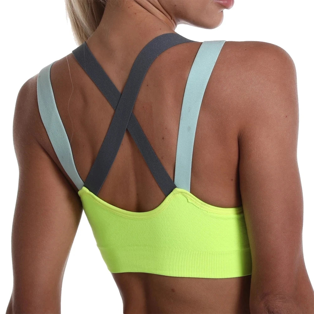 Color Blocked Cross Beautiful back Sports Bra Without Steel Ring Yoga Vest Professional Shock Resistant Running Fitness Bralette